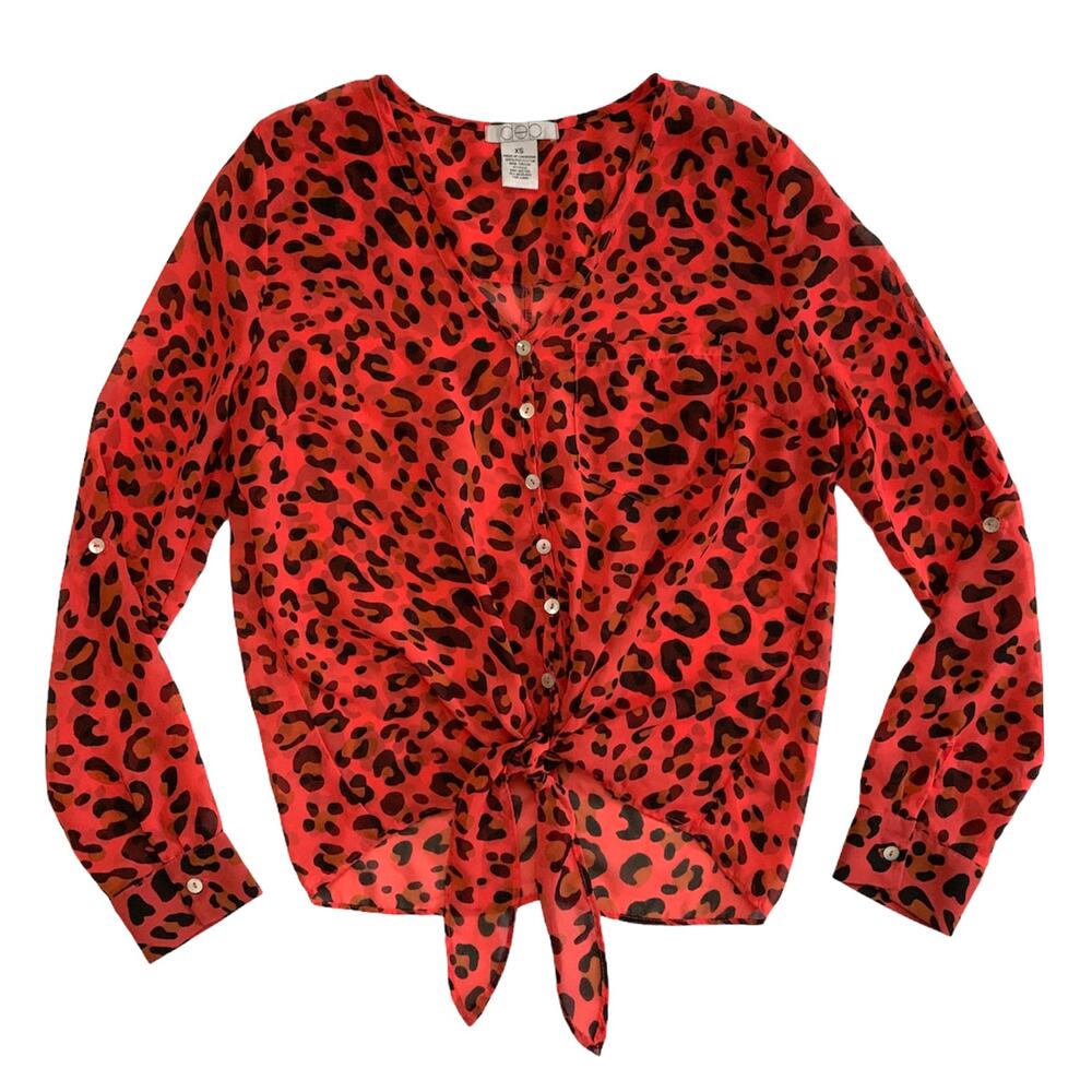 DEB Sheer Pink Leopard Red Button Down High Low Blouse XS